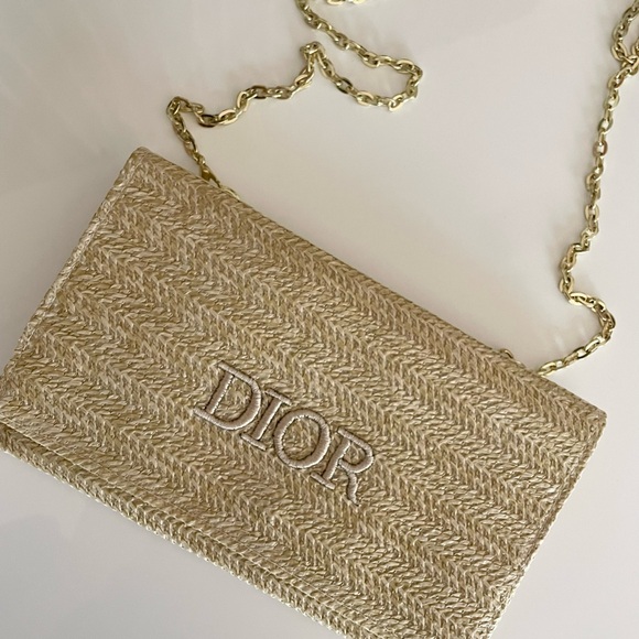 DIOR Tan Beige Woven Chain Bag raffia gold chain purse wristlet clutch LOGO - Picture 8 of 10